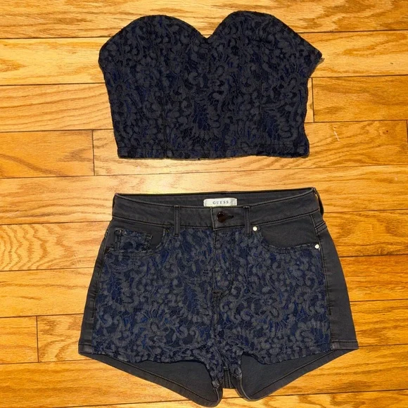 GUESS Dark Blue and Black Lace set bustier and short - Picture 2 of 16